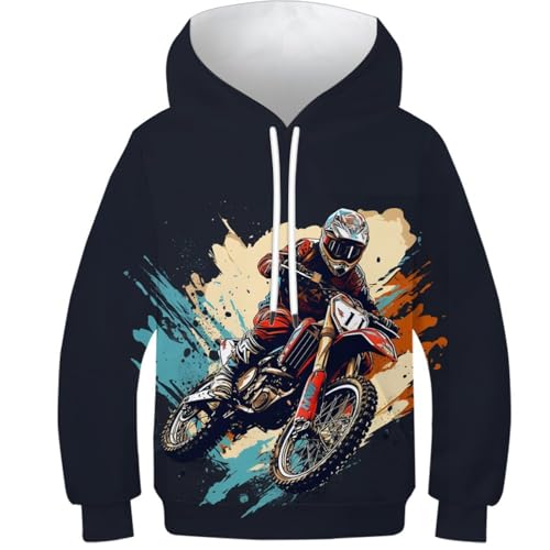 KHHKJBVCE Motocross Jungen Mädchen Hoodie 3D Kinder Hoodies Bequeme Freizeit Farbiger Druck Teenager Hoodie Kinder Langarm Kapuzenpullover Pullover Mit Tasche 9-11Y von KHHKJBVCE