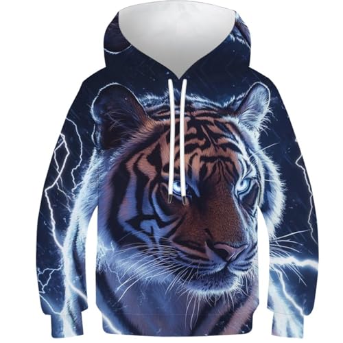 KHHKJBVCE Tiger Unisex 3D Kinder Hoodies Cool Lightning Graphic Hoody Fleece Pullover Kapuzenpullover 8-10Y von KHHKJBVCE