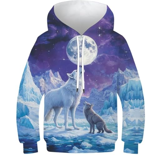 KHHKJBVCE Wolf Kinder-Kapuzenpullover, Sportanzug Mit 3D-Druck, Freizeitmode Für Kinder, Kapuzenpullover, Langarm-Sweatshirt Mit Tasche 13-15Y von KHHKJBVCE