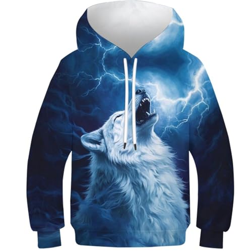 KHHKJBVCE Wolf Teenager-Kapuzenpullover, Unisex, 3D-Kapuzenpullover, Neuartiger Grafikdruck, Hübscher Modischer Pullover Mit Taschen 11-13Y von KHHKJBVCE