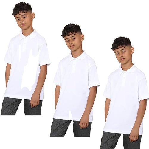 KHIM 3er-Pack Unisex Poloshirt Kurzarm Polycotton Jungen Mädchen Schuluniform Einfarbig Halbarm Sportkleidung Indoor Outdoor, weiß, 13-14 Jahre von KHIM