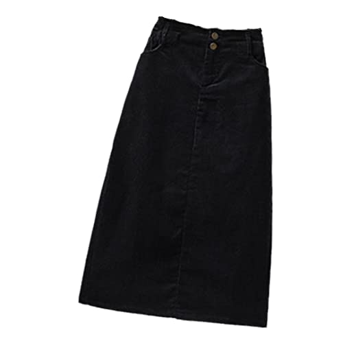 KHIMYUK Corduroy Midi Röcke Lose Frauen Röcke Herbst Winter Dick Damen Rock A-Linie Elastische Taille Rock, Schwarz , 44 von KHIMYUK