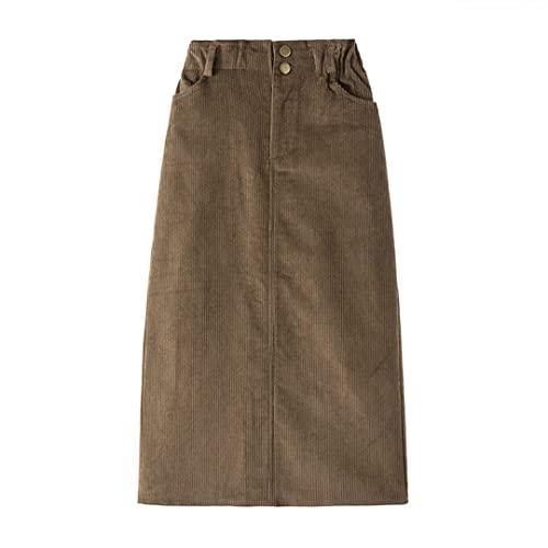 KHIMYUK Corduroy Midi Röcke Lose Frauen Röcke Herbst Winter Dick Damen Rock A-Linie Elastische Taille Rock, camel, 44 von KHIMYUK