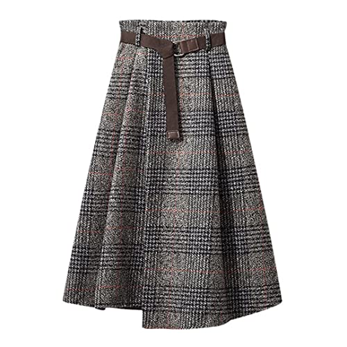 KHIMYUK Damen Retro Plaid Herbst Winter Midi Rock A-Linie Hohe Taille Bürokleidung, grau, 48 von KHIMYUK