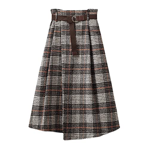 KHIMYUK Damen Retro Plaid Herbst Winter Midi Rock A-Linie Hohe Taille Bürokleidung, khaki, 48 von KHIMYUK