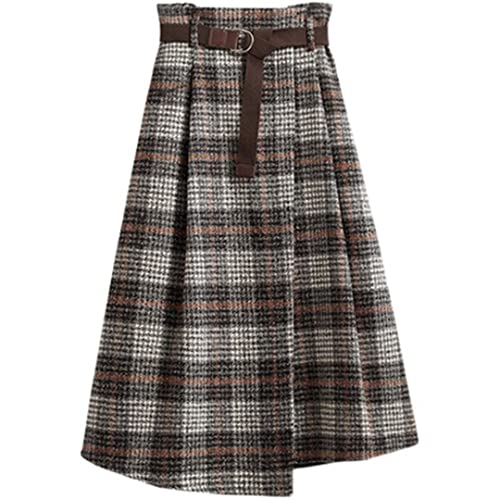 KHIMYUK Herbst Winter Frauen Plaid Wollmischungen Schärpen Rock Asymmetrisch Lose Röcke, khaki, XXXL von KHIMYUK