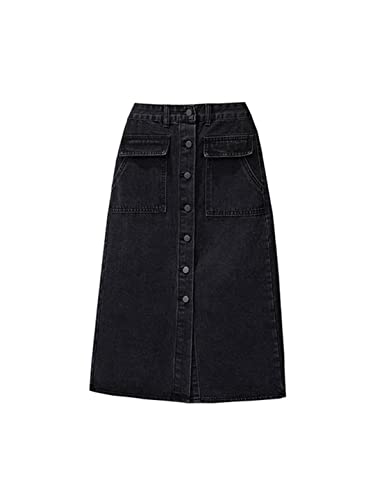 KHIMYUK Hohe Taille Jeansröcke Frauen Midi A Linie Denim Rock Vintage Schwarz Koreanisch Herbst Streetwear, Schwarz , 44 von KHIMYUK