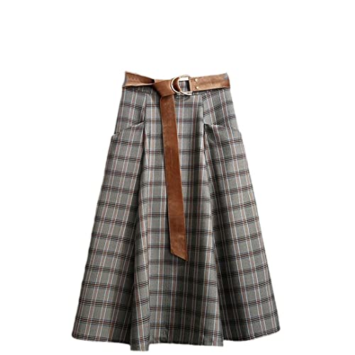 KHIMYUK Plaid Vintage Warm Dicke Winter Hohe Taille Frauen Röcke Herbst A-Linie Lang Elegant Rock, grau, 44 von KHIMYUK