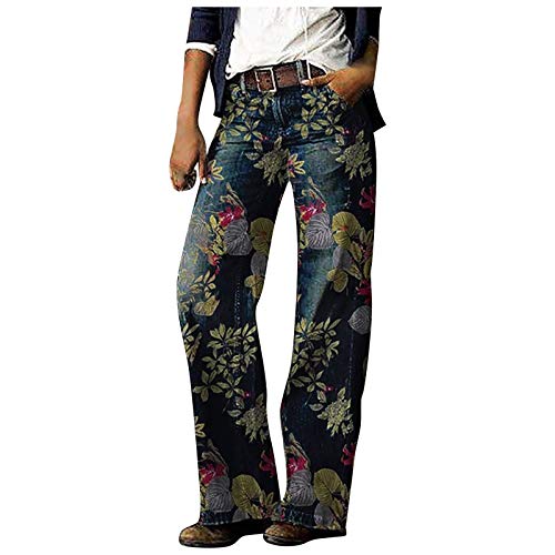 Baggy Jeans Damen Stretch Gerade Bein Hosen Hohe Taille Weiter Beinschnitt Faux Denim Print Jeans Bedruckte Casual Elegant Loose Outdoorhose mit Taschen für Arbeit Geeignet von KHIRVWL