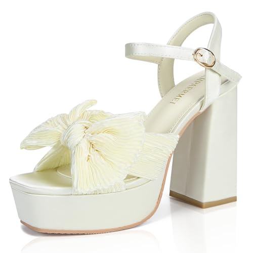 KHPAERMEI Plateauabsätze mit Schleifenknoten für Damen, modisch, offener Zehenbereich, klobiger Absatz, Knöchelriemen, Hochzeit, Party, Kleid, High Heels, Cremeweiß, 37.5 EU von KHPAERMEI