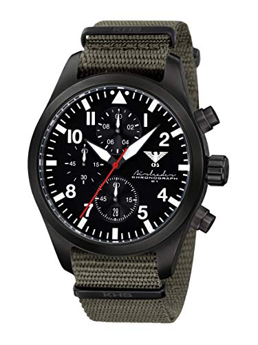 Airleader Black Steel Chronograph KHS.AIRBSC.NSGO Edelstahl IP-beschichtet schwarz, Natoband steingrau-Oliv, KHS Tactical Watch, Einsatzuhr, Fliegeruhr von KHS