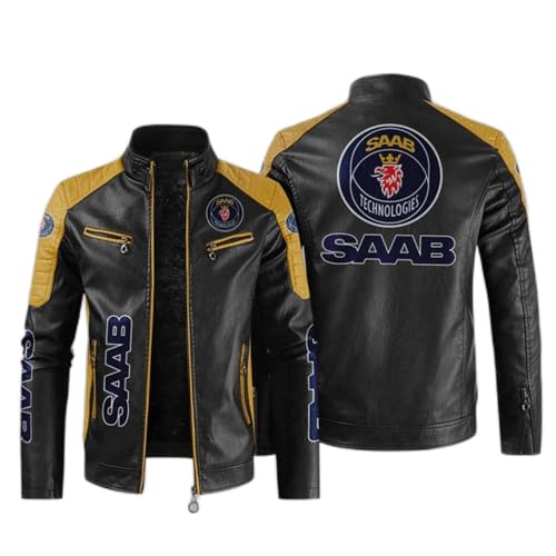 KHUYTRP Herren-Lederjacken Für SAAB Bedruckt Reißverschluss Bikerjacke PU-Motorradjacke Lässige Oberbekleidung Stehkragenjacke Weiche Mäntel-Yellow+Black1||M von KHUYTRP