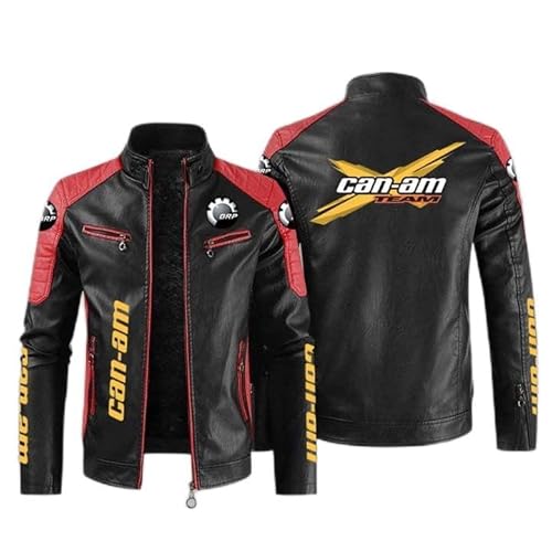 KHUYTRP Herren-Lederjacken für Can-am Prin Bikerjacke mit Reißverschluss PU-Motorradjacke lässige Oberbekleidung Stehkragen Bombermäntel weiche lange Jacke-Red+Black2||S von KHUYTRP