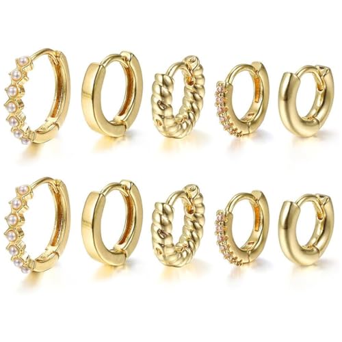 5 Paar Huggie-Creolen in Gold,Creolen Gold Ohrringe,Klein Creolen Silber Gold Damen Mädchen,Hypoallergen Ohrringe,Mini Ohringestecher Vergoldet Ohrringe für mehrere Piercings von KHYYQUA