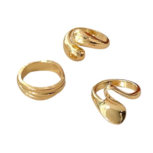 KHZen 3pieces Künstlerische Geometrische Linien Goldringe Elegante Dicke Ringe Schmücken Set Für Frauen Mit Einzigartigen Metalltexturen von KHZen