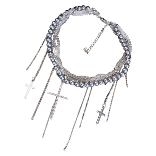 KHZen Trendige Imitation Perlenketten Halskette Mit Langen Quastenkreuz Pendelland Neckchain Schmuck Verstellbare Länge Frauen Choker von KHZen