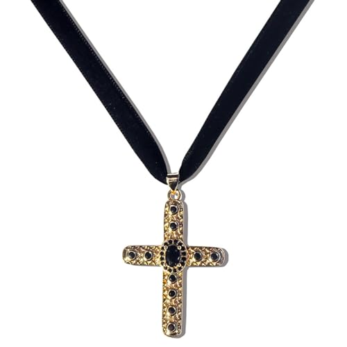 Vintage Schwarze Edelstein Edelsteine ​​Cross Anhänger Halskette Temperament Temperament Halskette Frauen Schlüsselbein Kette Schmuck Schwarz Edelstein Kreuzhänger Schmuck von KHZen