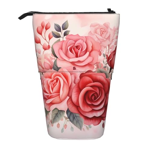 KHiry Aquarell-Hintergrund mit Rosen, bedrucktes Federmäppchen, Stehender Stifthalter, Teleskop-Federmäppchen, Oxford-Stoff, Pop-Up-Make-up-Tasche für Büro, Mitte, Aquarell-Hintergrund mit Rosen, von KHiry