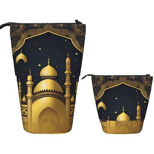 KHiry Eid Golden Mosque bedrucktes Federmäppchen, Stehender Stifthalter, Teleskop-Bleistifttasche, Oxford-Stoff, Pop-Up-Make-up-Tasche für Büro, Mitte, Eid Golden Moschee, Einheitsgröße, von KHiry