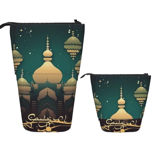 KHiry Eid Golden Mosque bedrucktes Federmäppchen, Stehender Stifthalter, Teleskop-Bleistifttasche, Oxford-Stoff, Pop-Up-Make-up-Tasche für Büro, Mitte, Eid Holiday Grußkarte, Einheitsgröße, von KHiry