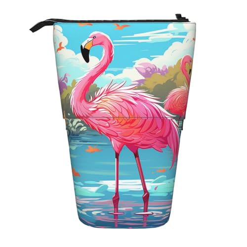 KHiry Federmäppchen mit rosa weißen Blumen, Stehender Stifthalter, Teleskop-Federmäppchen, Oxford-Stoff, Pop-Up-Make-up-Tasche für Büro, Mitte, Rosa Flamingo-Vogel, Einheitsgröße, Taschen-Organizer von KHiry