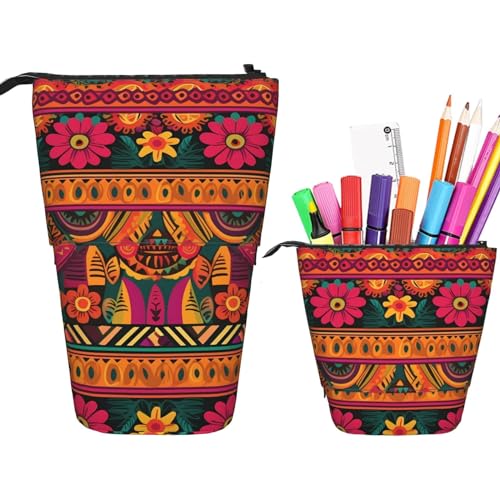 KHiry Mexikanische Volkskunst Boho bedrucktes Federmäppchen Stehender Stifthalter Teleskop-Bleistifttasche Oxford-Tuch Pop-Up-Make-up-Tasche für Büro Mitte, Mexikanische Volkskunst Boho, von KHiry