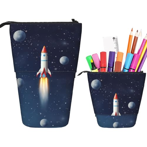 KHiry Rocket in Space Bedrucktes Federmäppchen, Stehender Stifthalter, Teleskop-Federmäppchen, Oxford-Stoff, Pop-Up-Make-up-Tasche für Büro, Mitte von KHiry