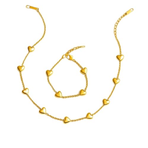 KIANJA Schmuckset Damen – Vergoldete Herz-Kette 43 cm (9 Herzen) + Vergoldetes Armband 4 Herzen, Edelstahl, Nickelfrei, Geschenkbox, Geschenkidee, Valentinstag, Hochzeit, Geburtstag, Jubiläum Exklusiv von KIANJA