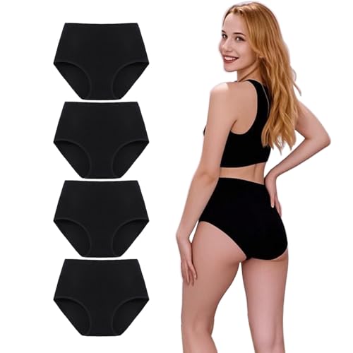 KIANOOL Damen UnterwäSche Baumwolle, 4er Pack Pantys Damen Baumwolle Schwarz, Slips Atmungsaktiv Weich Frauen, DamenunterwäSche Hohe Taille Unterhosen Stretch von KIANOOL