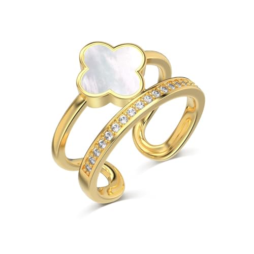 KIASRZN Goldener Kleeblattring für Damen, Verstellbarer, doppellagiger offener Ring mit vierblättrigem Kleeblatt und Zirkonia, geeignet für den Alltag von Damen (White) von KIASRZN