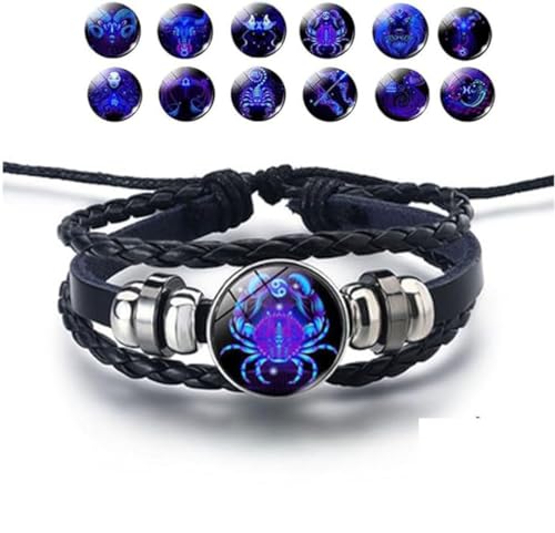 KIASRZN Mehrschichtiges Sternbild-Sternzeichen-Lederarmband, Sternzeichen-Geist-Armband, verstellbares 12-Sternbild-Armband, Armband für Damen und Herren, Schmuck, Geburtstagsgeschenk (Cancer) von KIASRZN