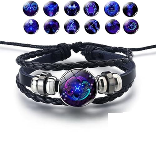 KIASRZN Mehrschichtiges Sternbild-Sternzeichen-Lederarmband, Sternzeichen-Geist-Armband, verstellbares 12-Sternbild-Armband, Armband für Damen und Herren, Schmuck, Geburtstagsgeschenk (Pisces) von KIASRZN