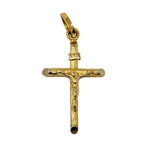 Kreuzanhänger aus 18 kt Gelbgold, 750, kleines Rohr, strukturiert, mit Jesus, zur Taufe für Damen und Herren Kreuzanhänger aus 18 kt Gelbgold, 750, kleines Rohr, strukturiert, mit Jesus, zur Taufe für Damen und Herren von KIBO Gioielleria