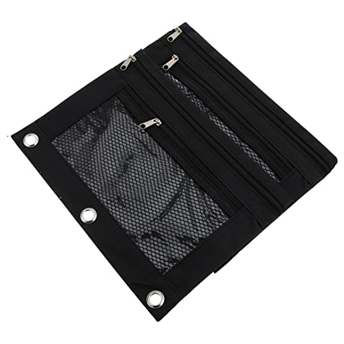 KICHOUSE 2 Stück Briefpapierbeutel Set Federmäppchen aus Mesh Federmäppchen mit 3 Ringen Ordner für Bindemittel Büro Bleistifthalter Schreibwarentaschen Oxford-Stoff Black von KICHOUSE