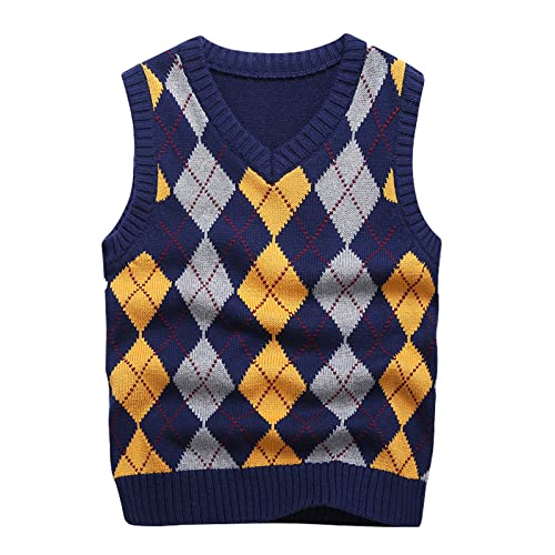 KID1234 Jungen Pullunder Kinder Gestrickte Weste V-Ausschnitt ärmellose Sweatshirt Baumwolle Strickpullover, Blau, 130cm(Herstellergröße:128-134) von KID1234