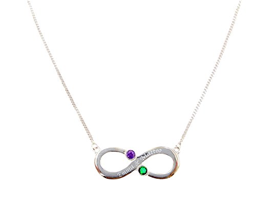 Infinity Halskette mit 2 Namen graviert (Unendlichkeit) inkl. 2 farbigen Monatskristallen nach Wahl (Geburtsstein) / Halskette 40 cm in 925 Sterling Silber/für 2 Kindernamen oder Liebespaare von KIDDI-MEDIA