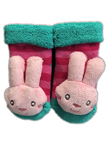 KIDDI-MEDIA Babysocken mit Rassel/Rasselsöckchen mit 3D Motiv / 0-12 Monate (Türkis/Pink - HASE) von KIDDI-MEDIA