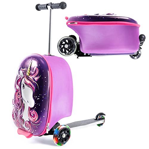 Kiddietotes 3D-Hartschalen-Koffer, Roller für Kinder – niedliches, leichtes Kinder-Handgepäck mit LED-beleuchteten Rädern – aktualisiertes 2022 Rad-Design, 13.5 Inchx8 Inchx19.5 Inch, Einhorn von KIDDIETOTES