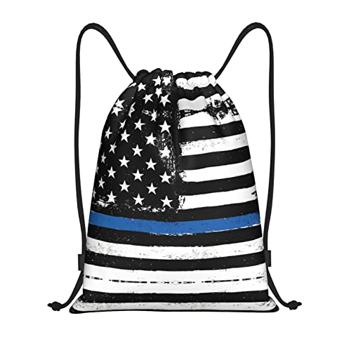 KIDINN Blaue dünne Linie Usa Flagge Druck Kordelzug Taschen, justierbare Kordelzug-Tasche, Schwarz, Medium von KIDINN