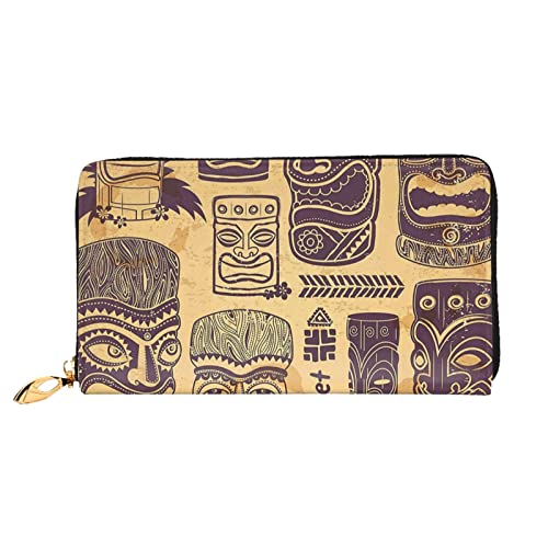 KIDINN Vintage Aloha Tiki Muster Druck Leder Brieftasche, Frauen Reißverschluss um Lange Brieftasche PU Reise Kartenhalter Geldbörse, Vintage Aloha Tiki Muster, Einheitsgröße von KIDINN