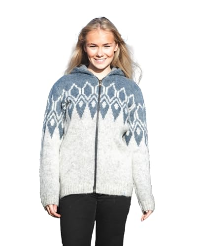 kidka Kapuzen-Strickjacke - Isländische Schurwoll-Strickjacke - Farbkombination hellgrau/eisblau Größe XXL von kidka