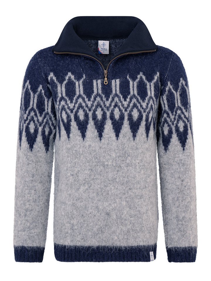 KIDKA Norwegerpullover - Troyer mit kurzem Reißverschluss - Farbe Grau / Dunkelblau - aus rauer isländischer Wolle von KIDKA