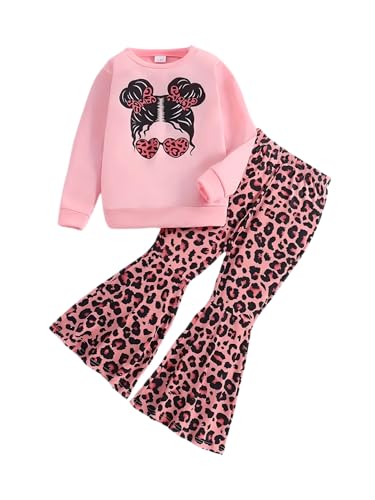 KIDLAGA Kleinkind Mädchen Kleidung Figur Grafik Drop Shoulder Top Pullover Leopardenmuster Schlaghose Herbst Winter Outfit Set, Pfirsich, 4-5 Jahre von KIDLAGA