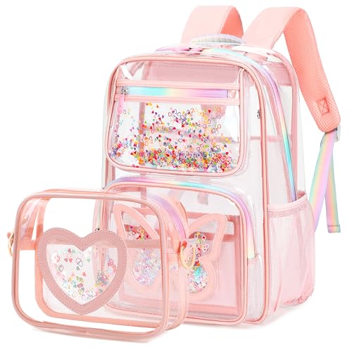 KIDNUO Transparenter Rucksack für Mädchen, 2-teiliges transparentes Rucksack-Set, robuste Büchertasche, Stadiongenehmigung, transparente Tasche, Reisen, Schule, Pink, Large von KIDNUO