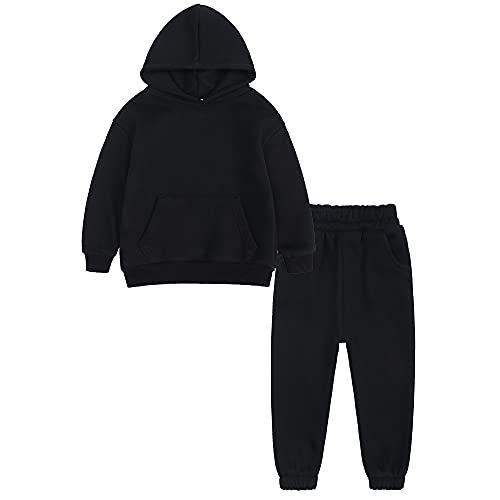 KIDS TALES 2 Stück Jugend Gebürsteter Fleece Trainingsanzug Dicke Baumwolle Kapuzen Sweatsuit Kinder Einfarbig Pullover + Hosen Warme Outfits Set von KIDS TALES