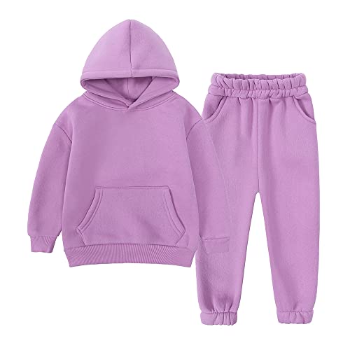 KIDS TALES 2 Stück Jugend gebürstetes Fleece Trainingsanzug dicke Baumwolle Kapuze Jogginganzug Kinder Einfarbiger Pullover Sweatshirt + Hose Warme Outfits Set von KIDS TALES