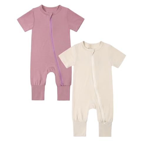 KIDS TALES 2er-Pack Baby Bambus Viskose Pyjamas Einteiler Kleinkind Kurzarm Fußlose Nachtwäsche 2 Wege Reißverschluss Strampler PJS von KIDS TALES