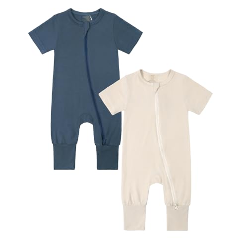 KIDS TALES 2er-Pack Baby Bambus Viskose Pyjamas Einteiler Kleinkind Kurzarm Fußlose Nachtwäsche 2 Wege Reißverschluss Strampler PJS von KIDS TALES