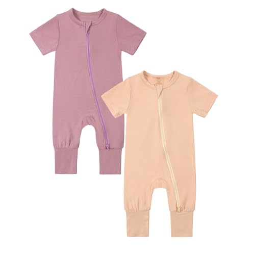 KIDS TALES 2er-Pack Baby Bambus Viskose Pyjamas Einteiler Kleinkind Kurzarm Fußlose Nachtwäsche 2 Wege Reißverschluss Strampler PJS von KIDS TALES
