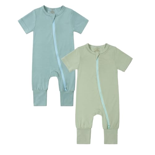 KIDS TALES 2er-Pack Baby Bambus Viskose Pyjamas Einteiler Kleinkind Kurzarm Fußlose Nachtwäsche 2 Wege Reißverschluss Strampler PJS von KIDS TALES